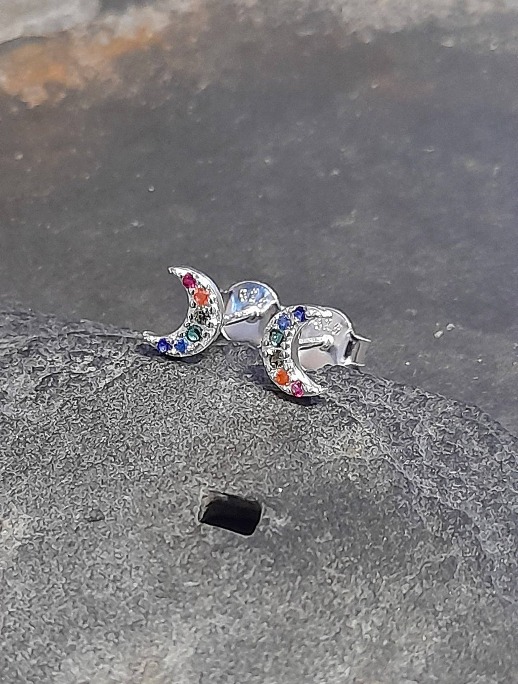 MULTI COLOUR CZ MOON STUD EARRINGS 6MM