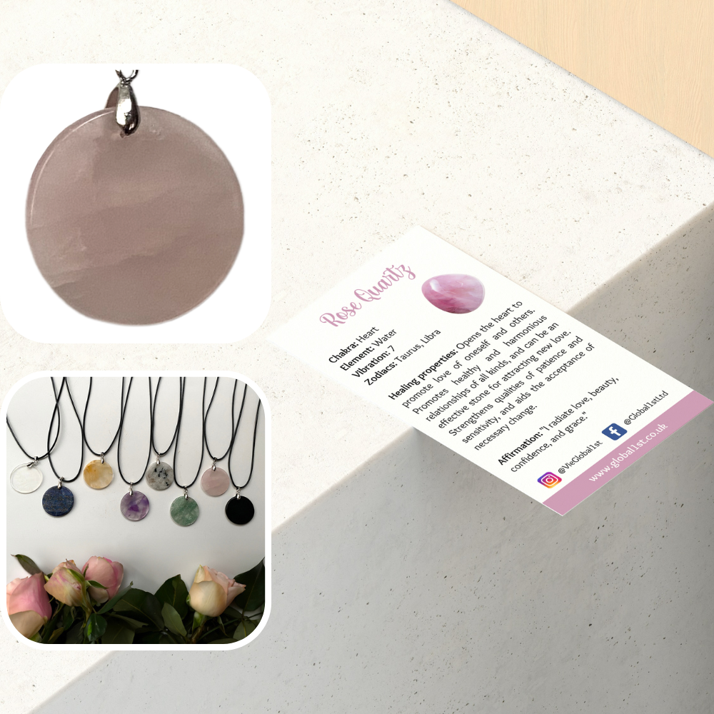 Gemstone Coin Pendant on Black Cord: Rose Quartz