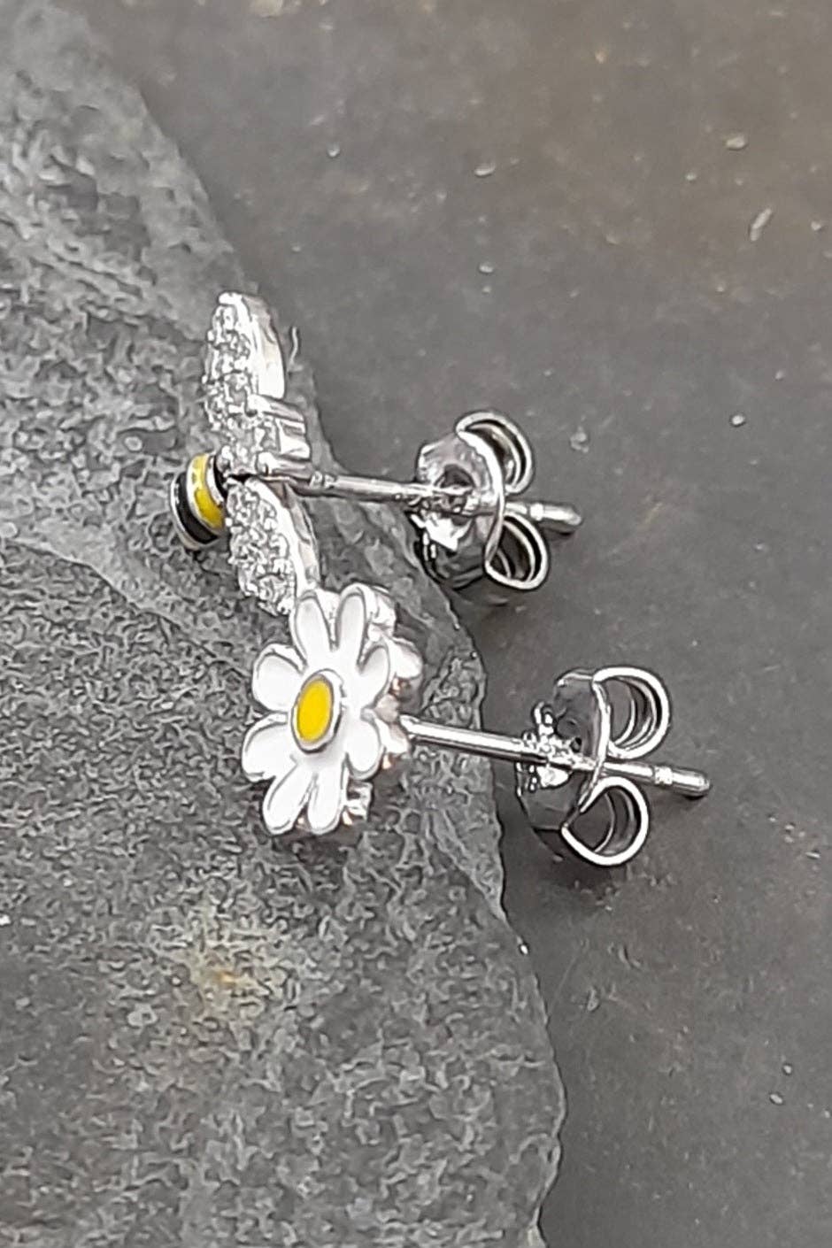 FLOWER & BEE SILVER-PLATED STUD Earring 10MM & 7MM