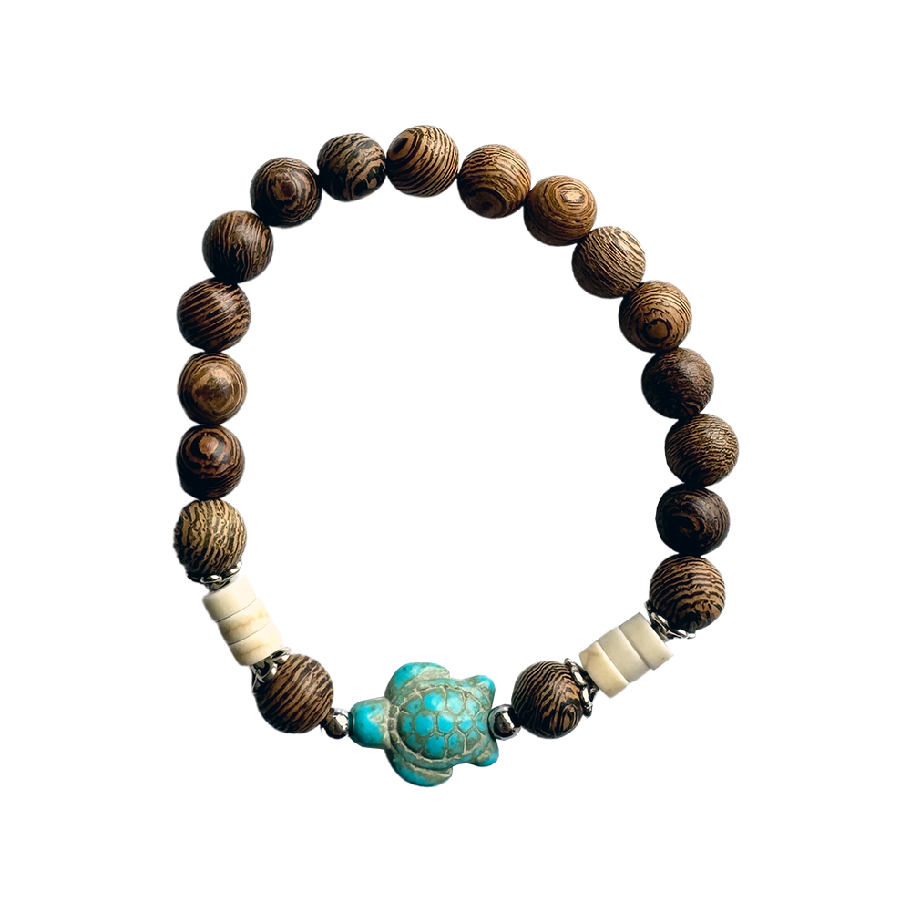 Wood Bracelet with Synthetic Turquoise and a Sea Turtle: White