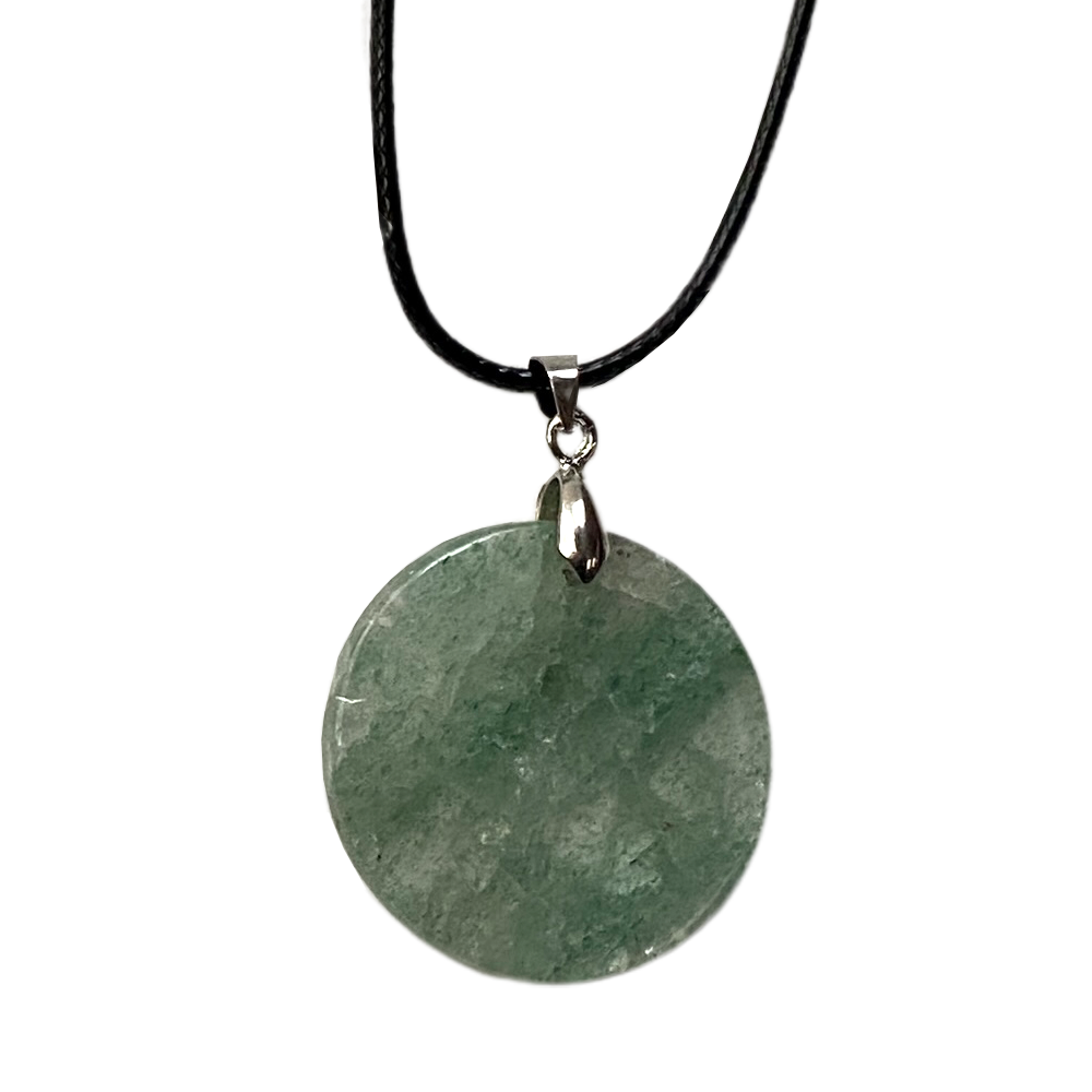 Gemstone Coin Pendant on Black Cord: Green Aventurine