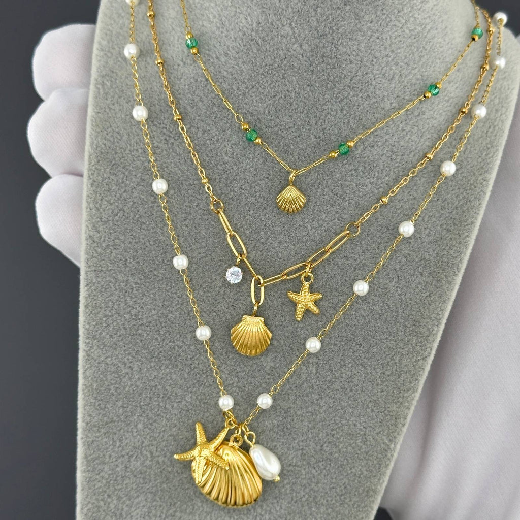 Starfish And Seashell Necklace, 18K Gold Plated Steel