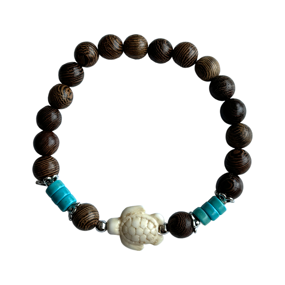 Wood Bracelet with Synthetic Turquoise and a Sea Turtle: White