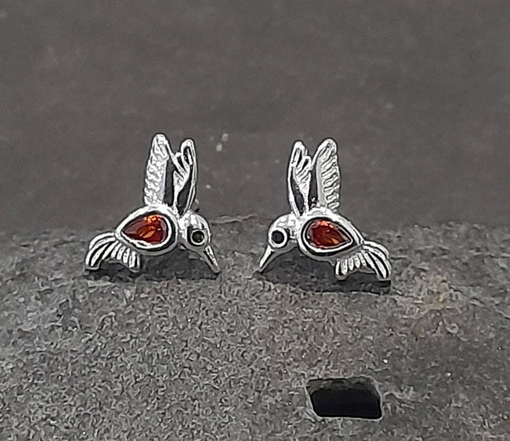 9 X 6mm Red CZ Humming Bird Stud Earrings