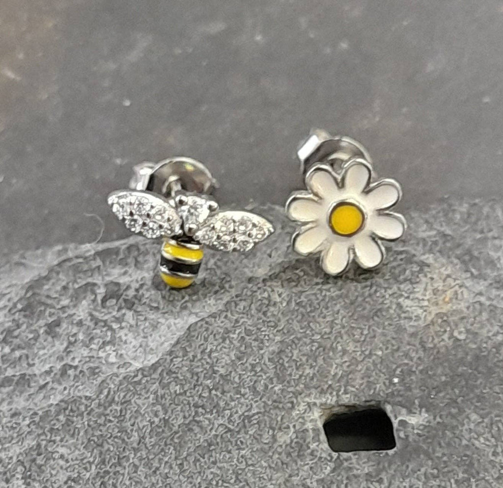 FLOWER & BEE SILVER-PLATED STUD Earring 10MM & 7MM