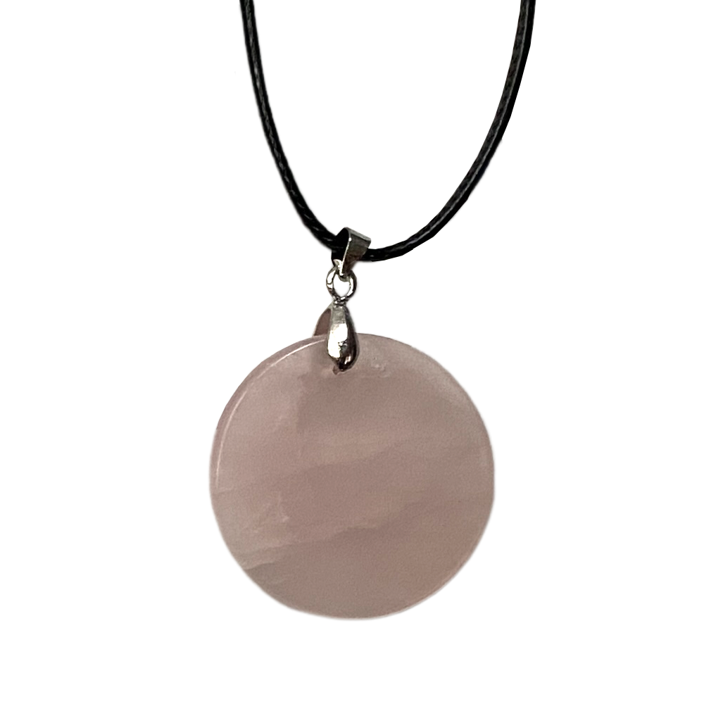 Gemstone Coin Pendant on Black Cord: Rose Quartz