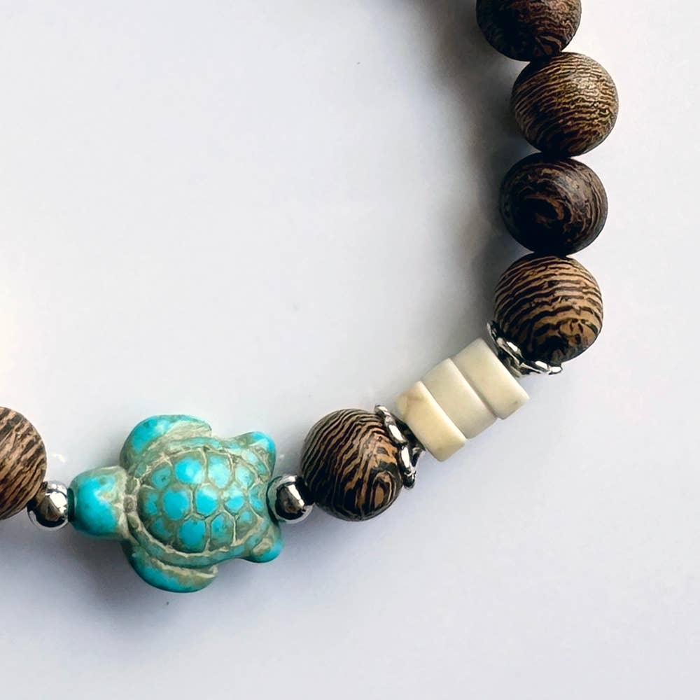 Wood Bracelet with Synthetic Turquoise and a Sea Turtle: White