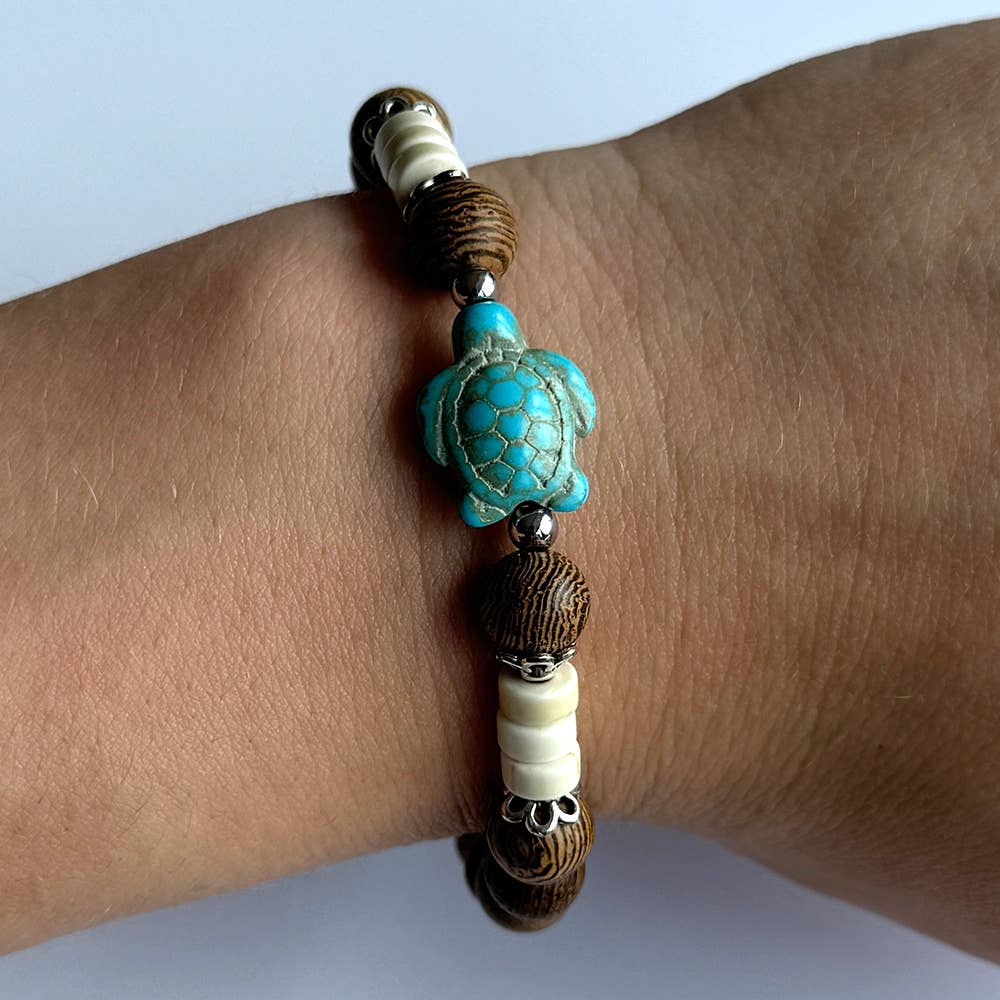 Wood Bracelet with Synthetic Turquoise and a Sea Turtle: White