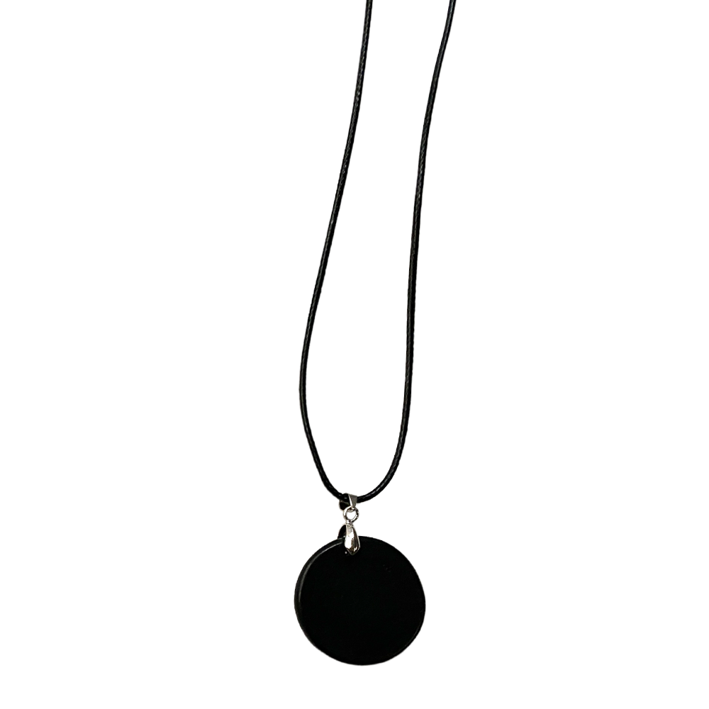 Gemstone Coin Pendant on Black Cord: Black Tourmaline