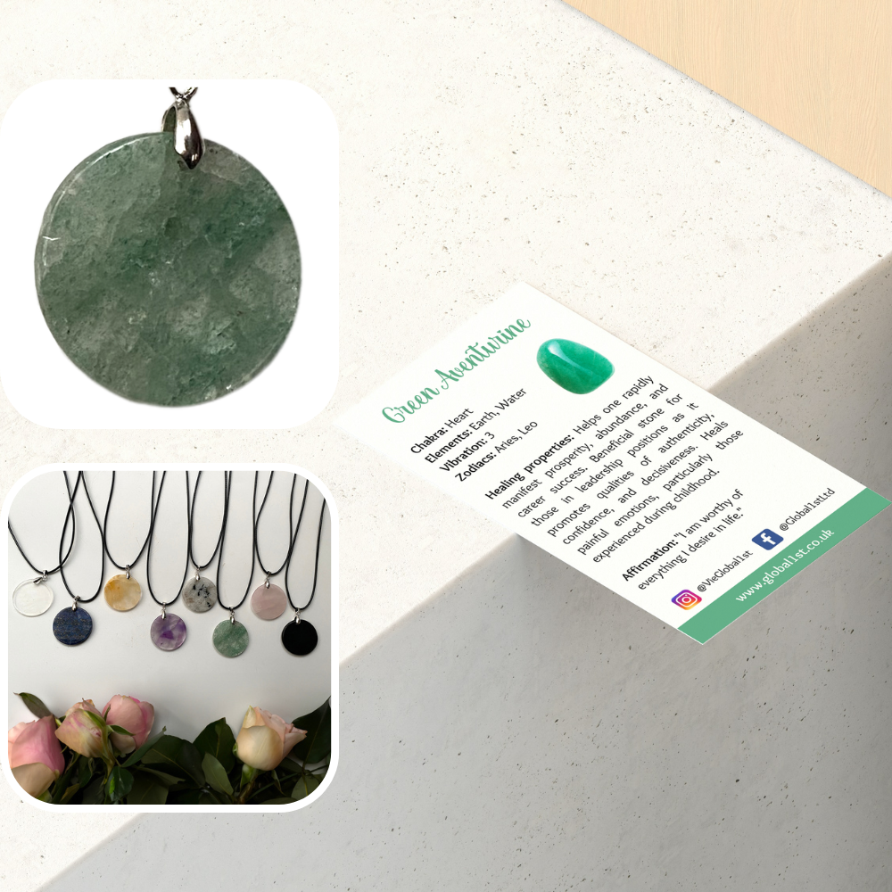 Gemstone Coin Pendant on Black Cord: Green Aventurine