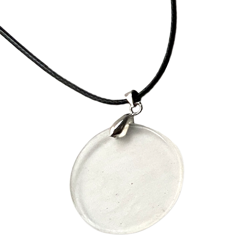 Gemstone Coin Pendant on Black Cord: Clear Quartz